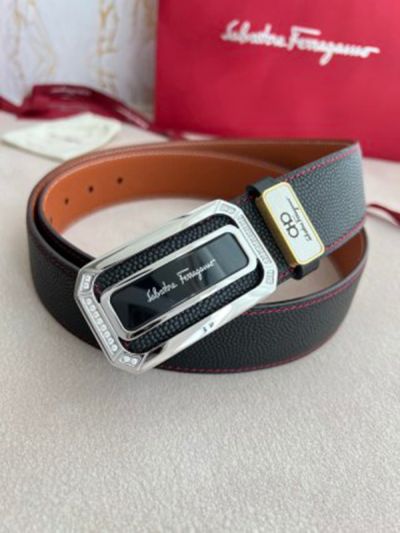 1:1 Ferragamo  Black Leather Belt  with Silver  Logo buckle "日“Shape  Buckle 3.5cm